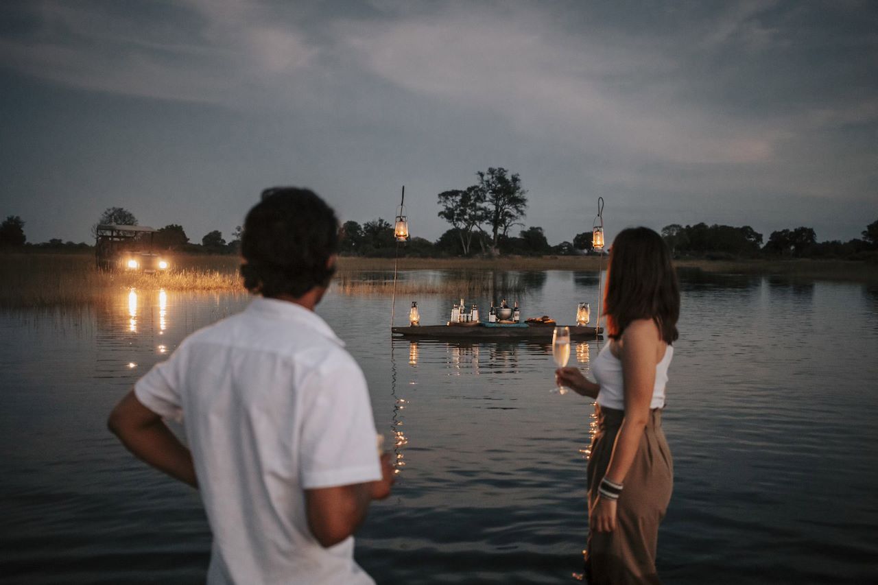 Wilderness Valentines Couple sundowner in the Delta
